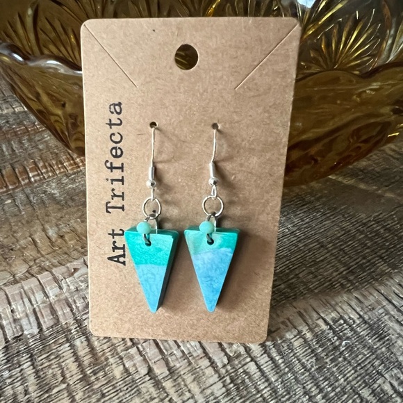 Aqua Horizon Teal and Blue triangle Resin Earrings — Handmade by Art Trifecta - Picture 1 of 4